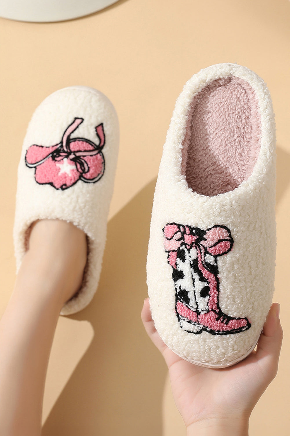 White Cowgirl Hat and Boot Plush Thermal Slippers