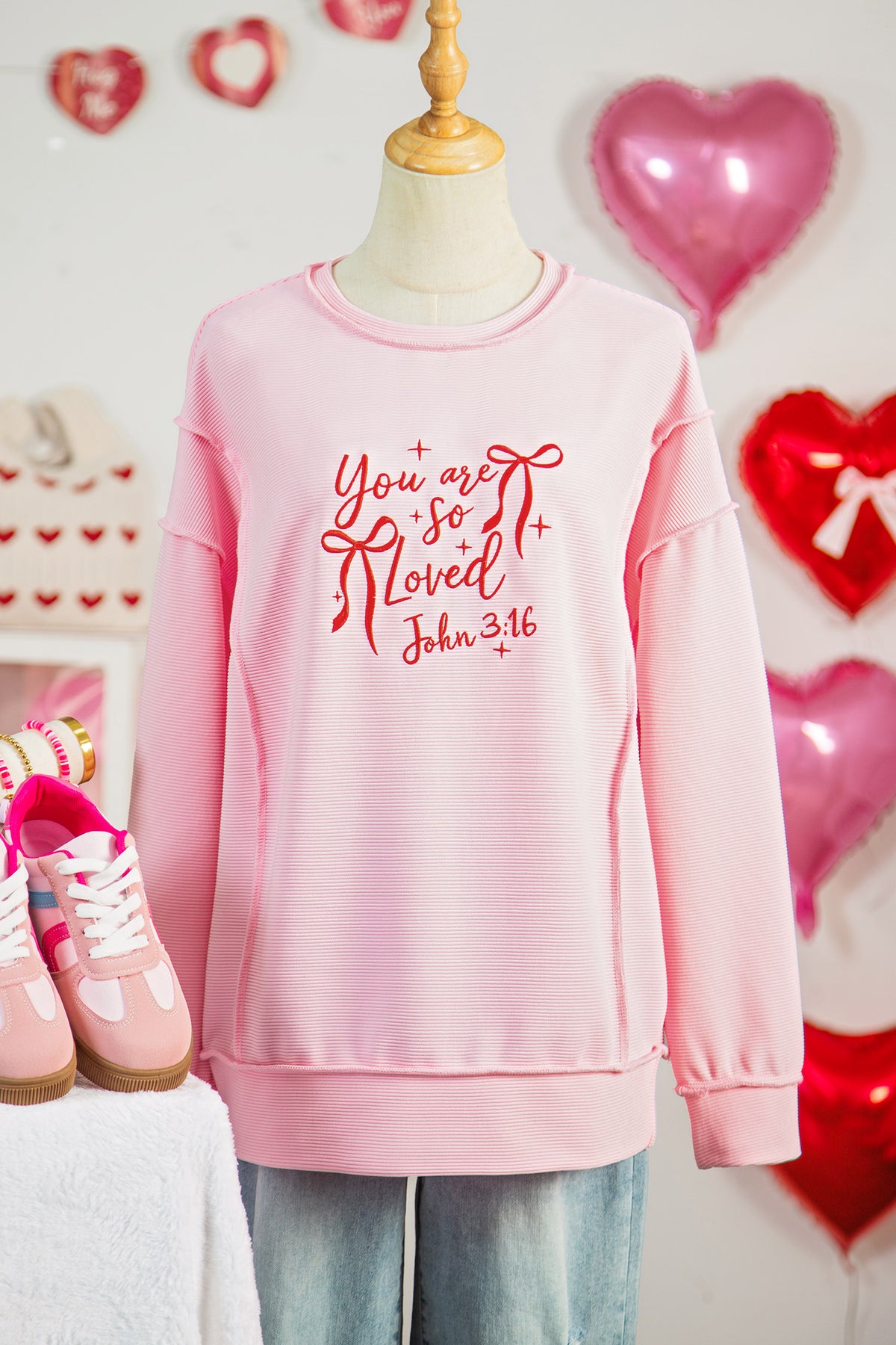 Pink You Are So Loved Valentine's Day Bow Embroidered Pullover Top