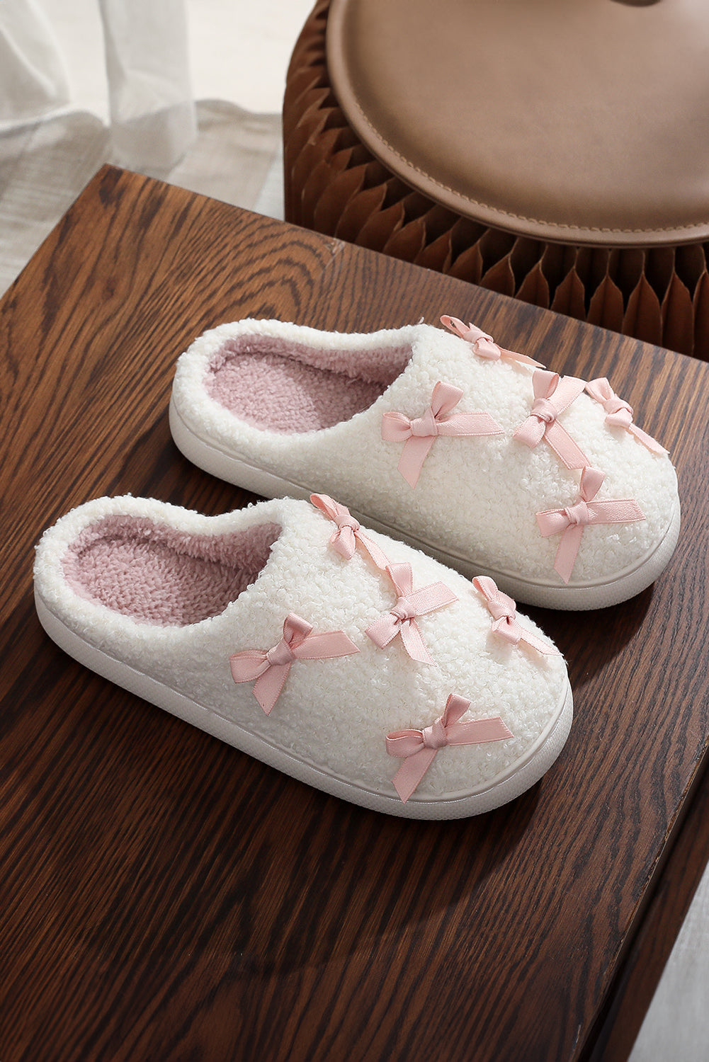 White Ribbed Bow Plush House Slippers