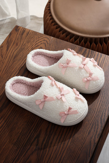 White Ribbed Bow Plush House Slippers