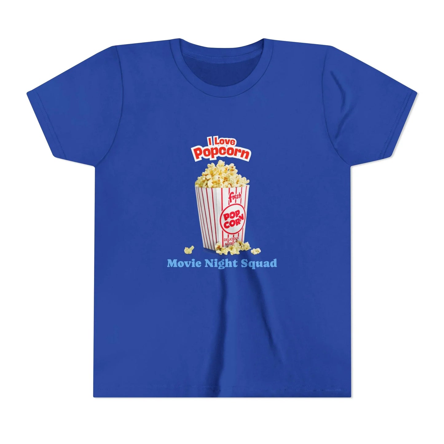 Blue t-shirt with popcorn bucket graphic and text 'I Love Popcorn Movie Night Squad'