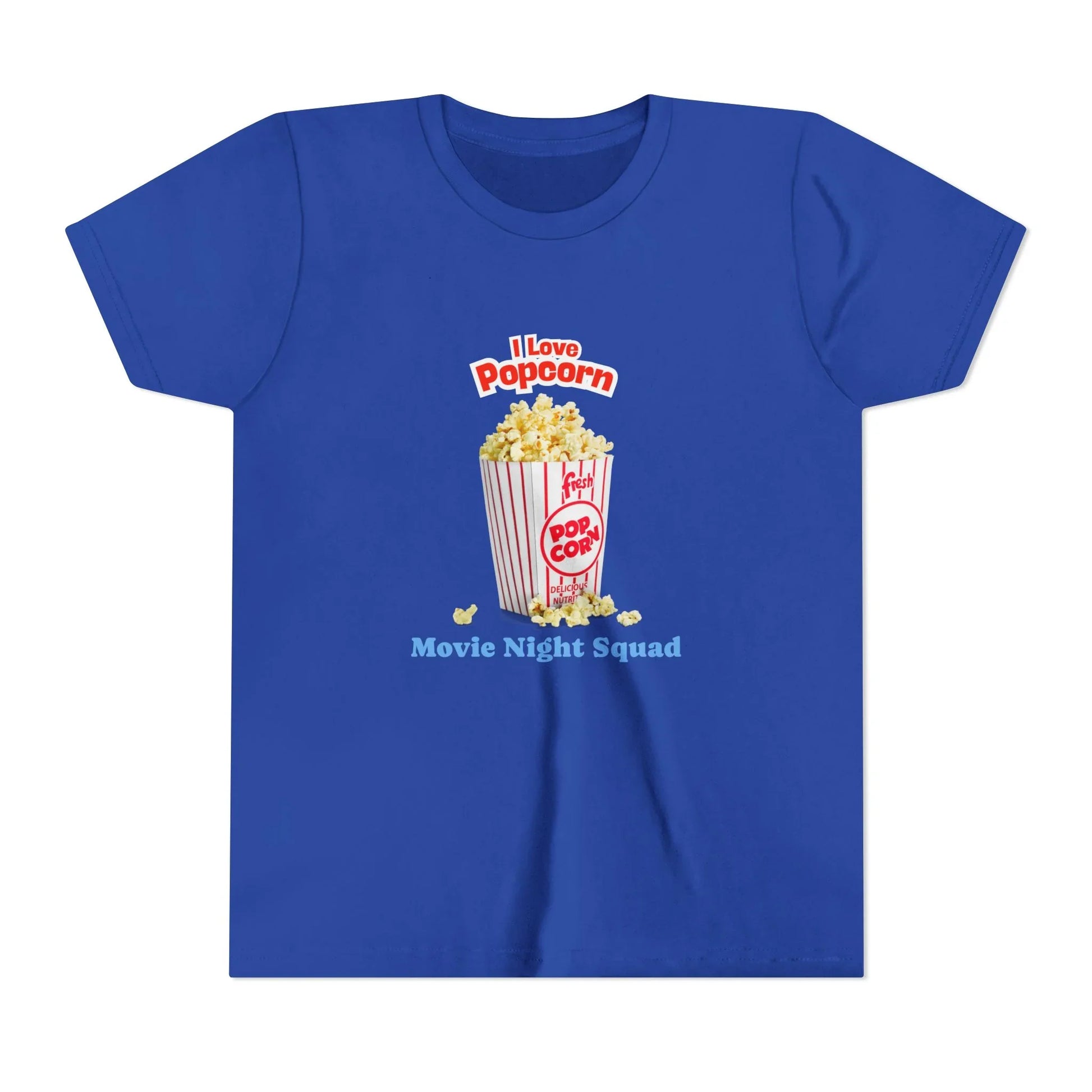 Blue t-shirt with popcorn bucket graphic and text 'I Love Popcorn Movie Night Squad'