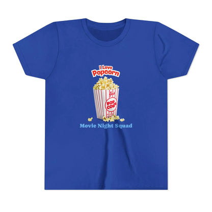 Blue t-shirt with popcorn bucket graphic and text 'I Love Popcorn Movie Night Squad'