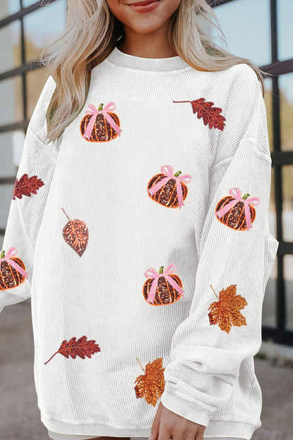 White Sequin Pumpkin Leaf Corded Oversized Sweatshirt