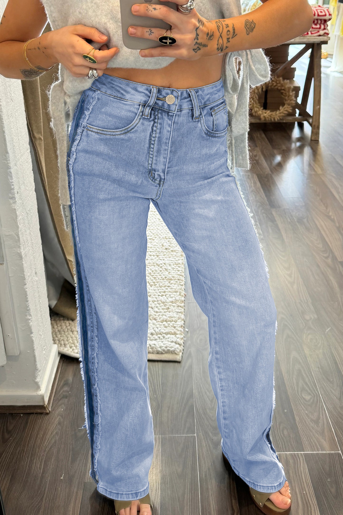 Beau Blue Contrast Stripe Frayed Side Panel Patchwork Jeans