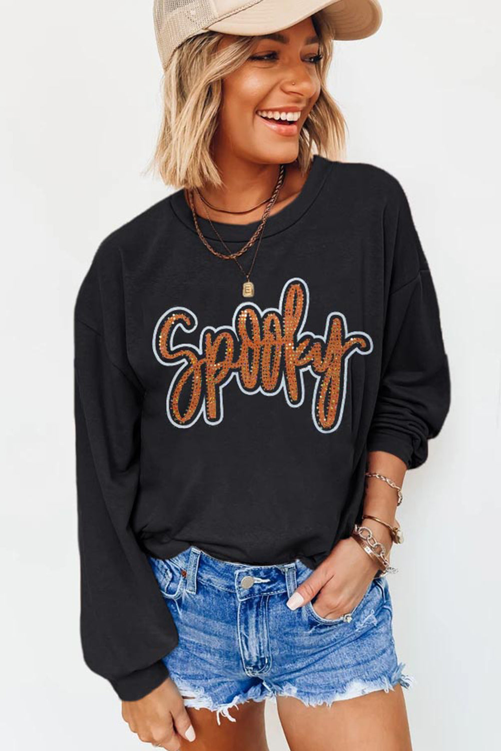 Spooky Rhinestone Halloween Sweatshirt | Black Pullover