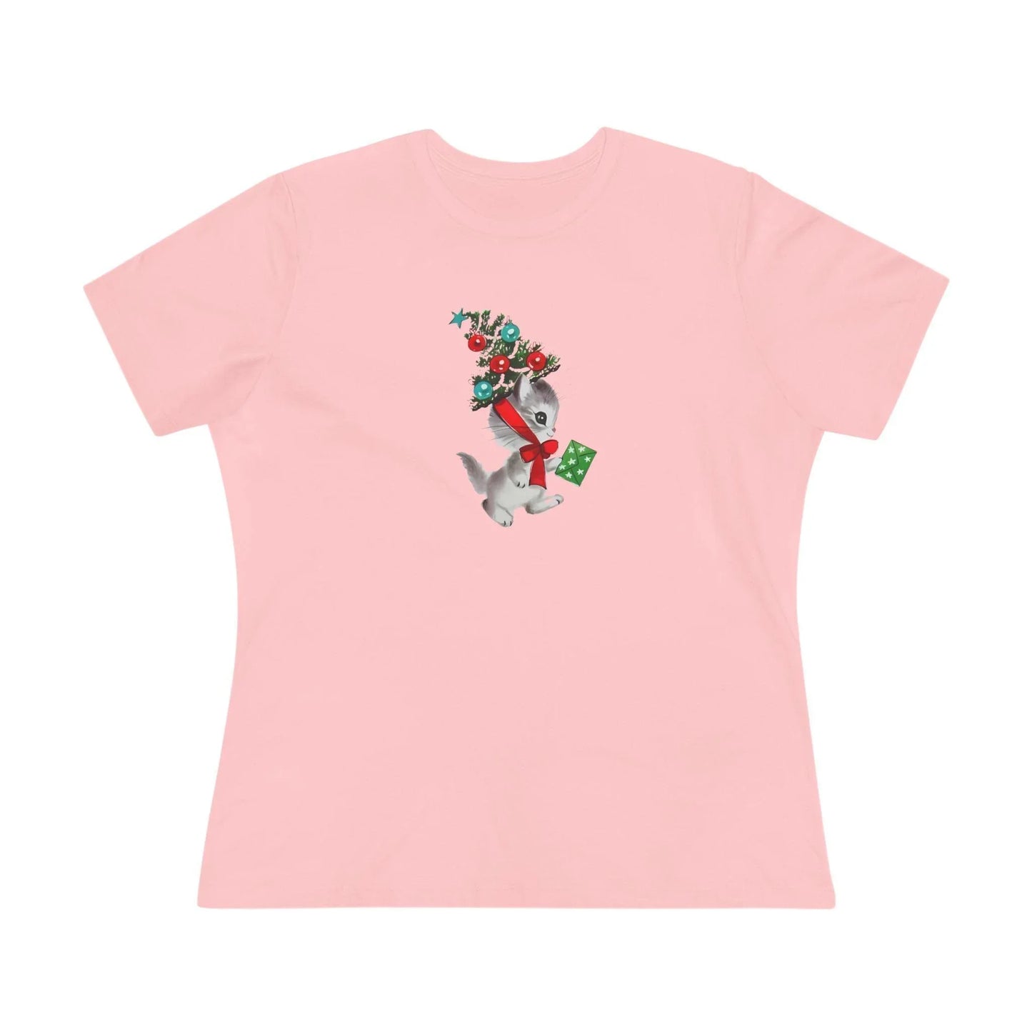 Kittie with Christmas Tree Hat and Card - Women's Softstyle Tee - Whippie's