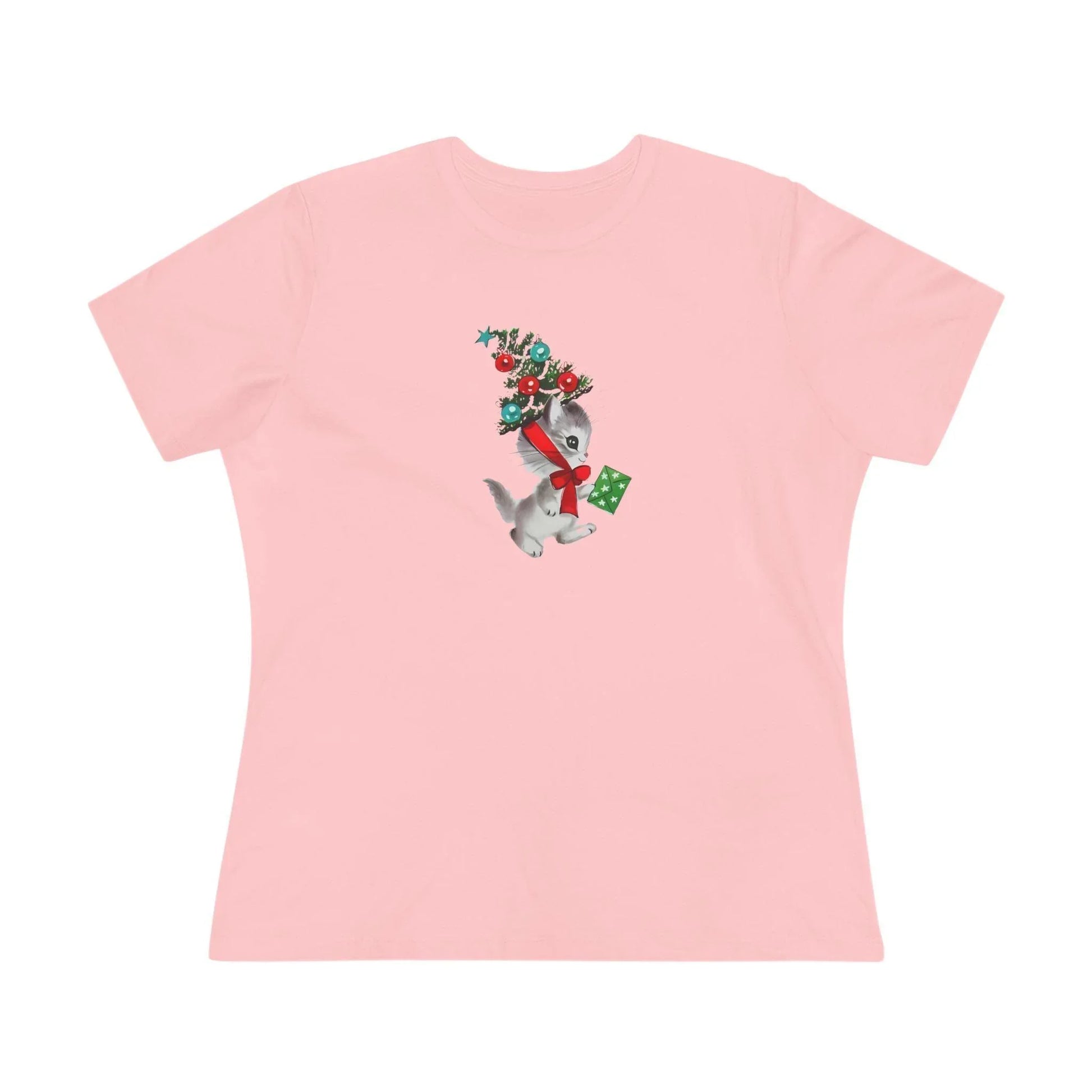Kittie with Christmas Tree Hat and Card - Women's Softstyle Tee - Whippie's