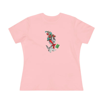 Kittie with Christmas Tree Hat and Card - Women's Softstyle Tee - Whippie's
