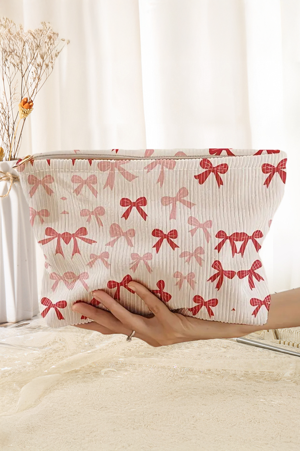 Bows Corduroy Makeup Bag | Fiery Red Zipper Pouch