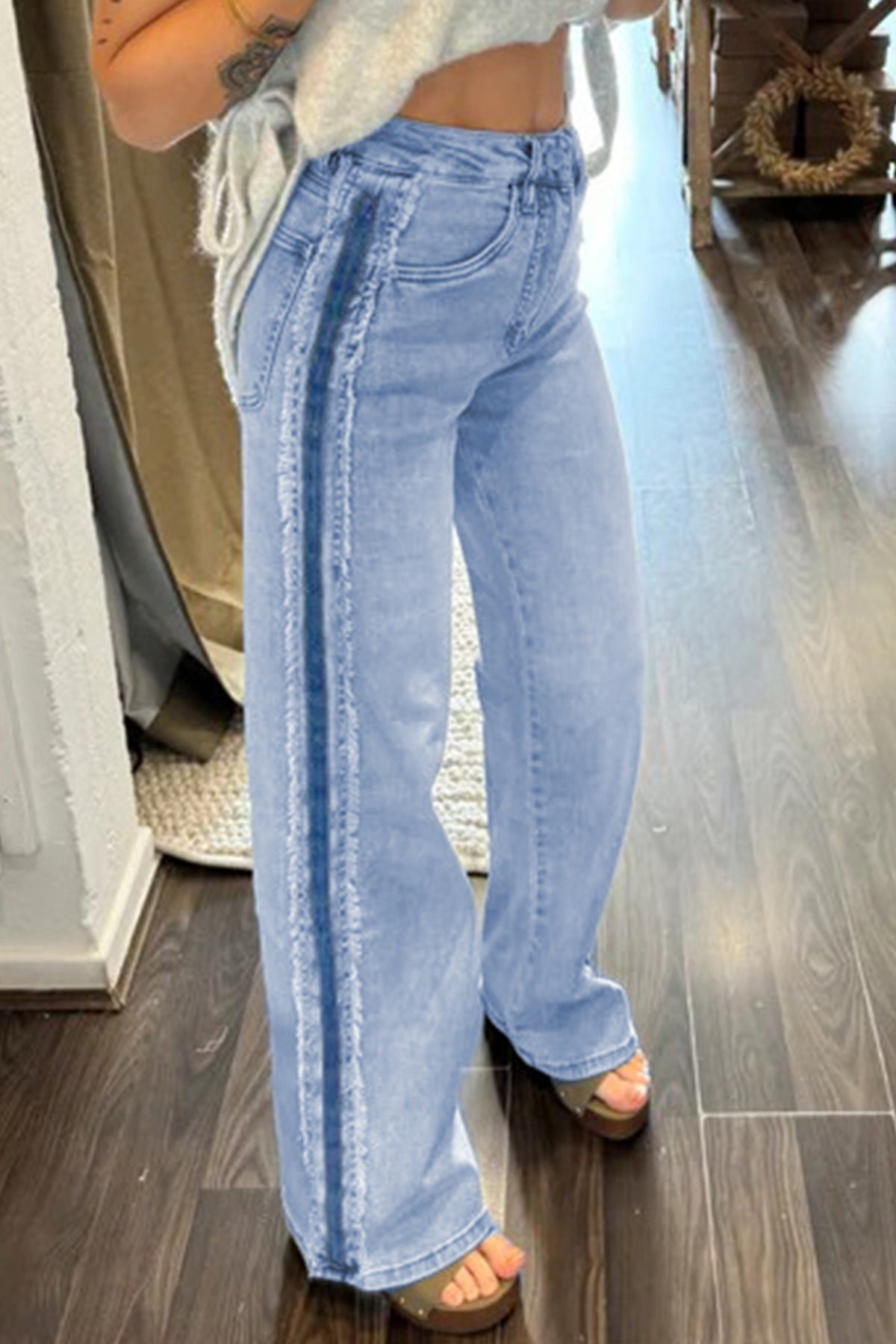 Beau Blue Contrast Stripe Frayed Side Panel Patchwork Jeans
