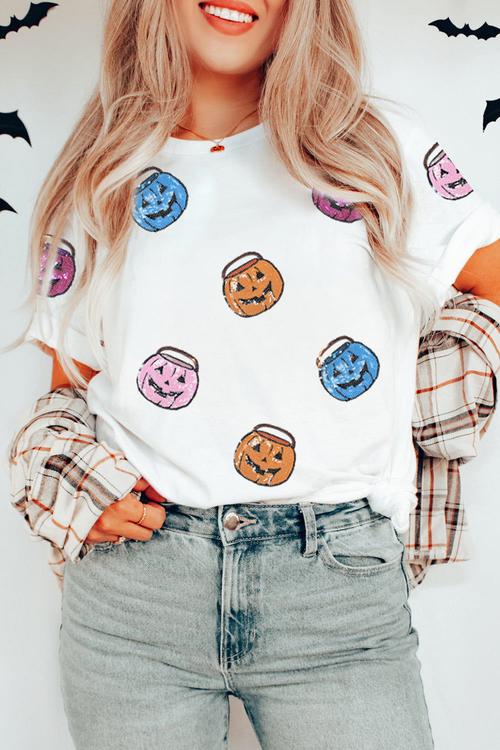White Sequin Pumpkin Face Patched Crew Neck Holiday T-Shirt