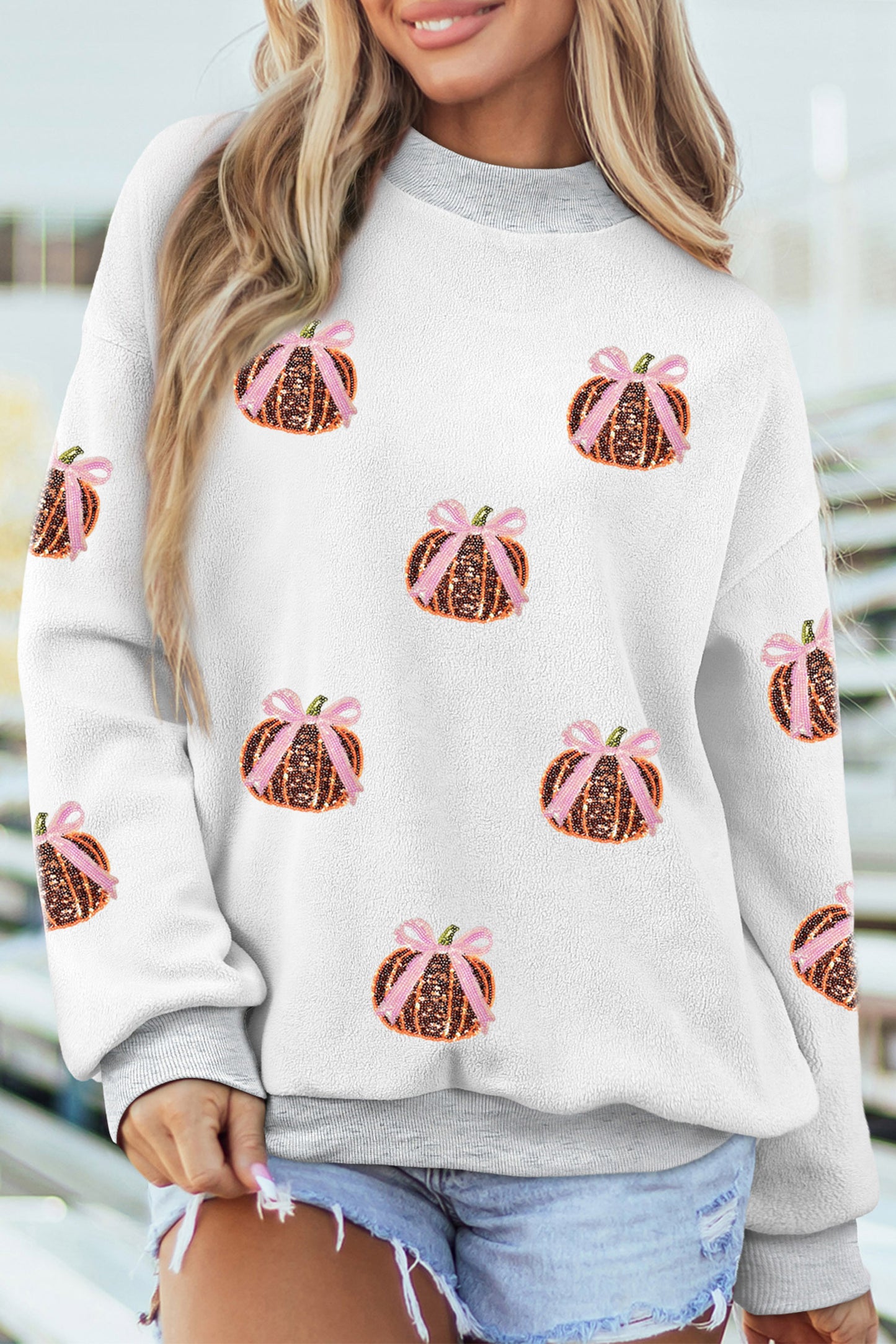 Light Grey Sequin Bow Pumpkin Patch Color Block Sweatshirt