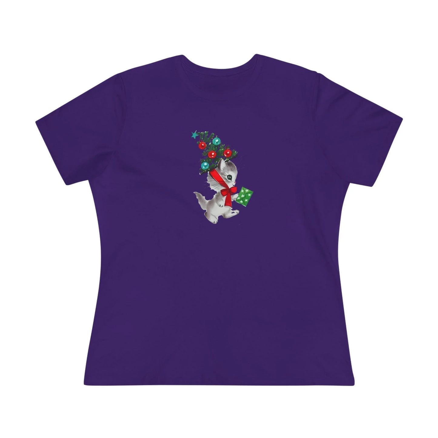 Kittie with Christmas Tree Hat and Card - Women's Softstyle Tee - Whippie's