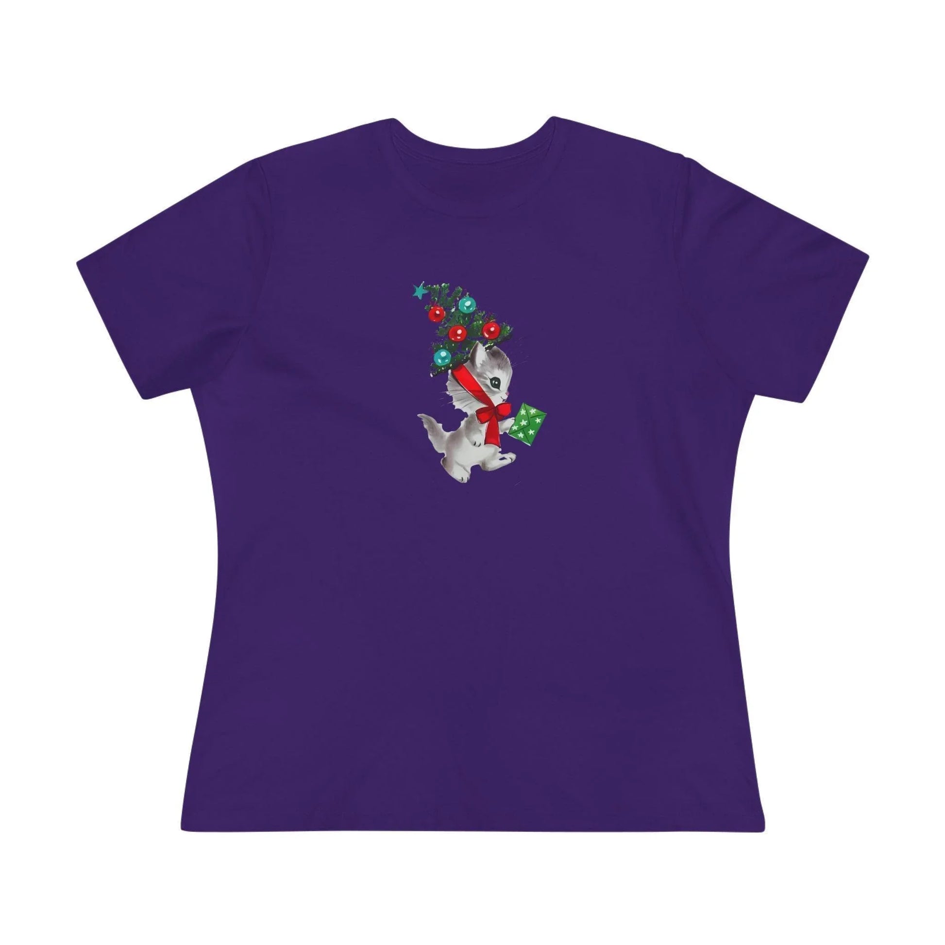Kittie with Christmas Tree Hat and Card - Women's Softstyle Tee - Whippie's