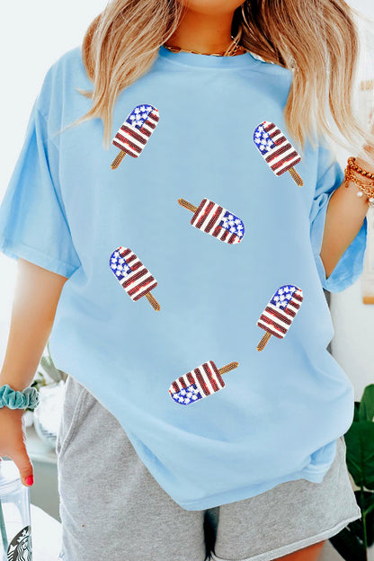 Light Blue Patriotic Sequin Popsicle T-Shirt