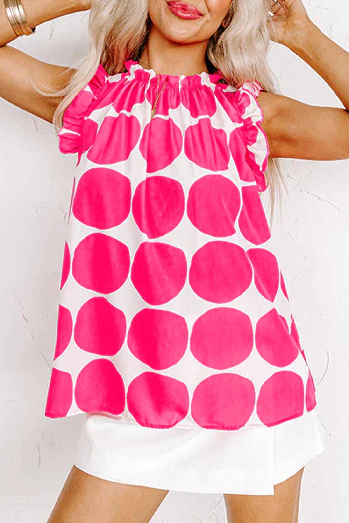 Blue Polka Dot Frilled Round Neck Tank Top