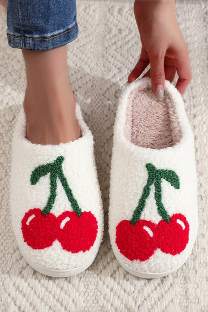 White Cherry Pattern Winter Plush Slippers