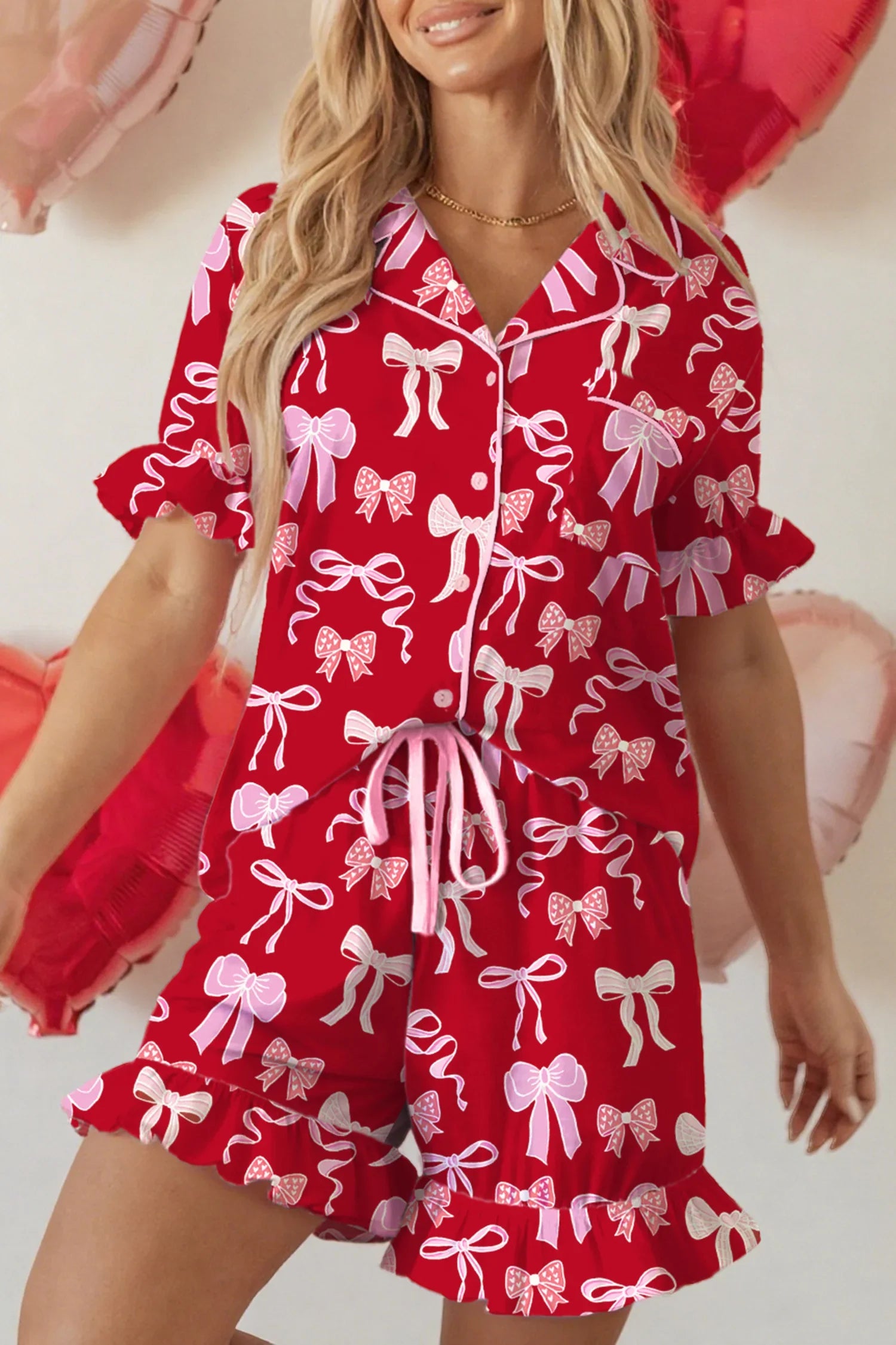 Red Sweet Bow Pajamas Ruffled Shirt Shorts Set