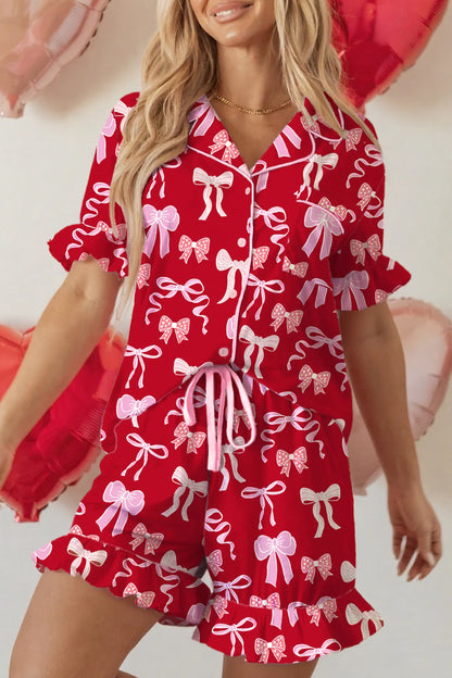 Red Sweet Bow Pajamas Ruffled Shirt Shorts Set