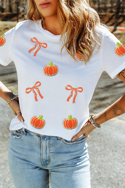 White Sequin Chenille Pumpkin Bow T-Shirt