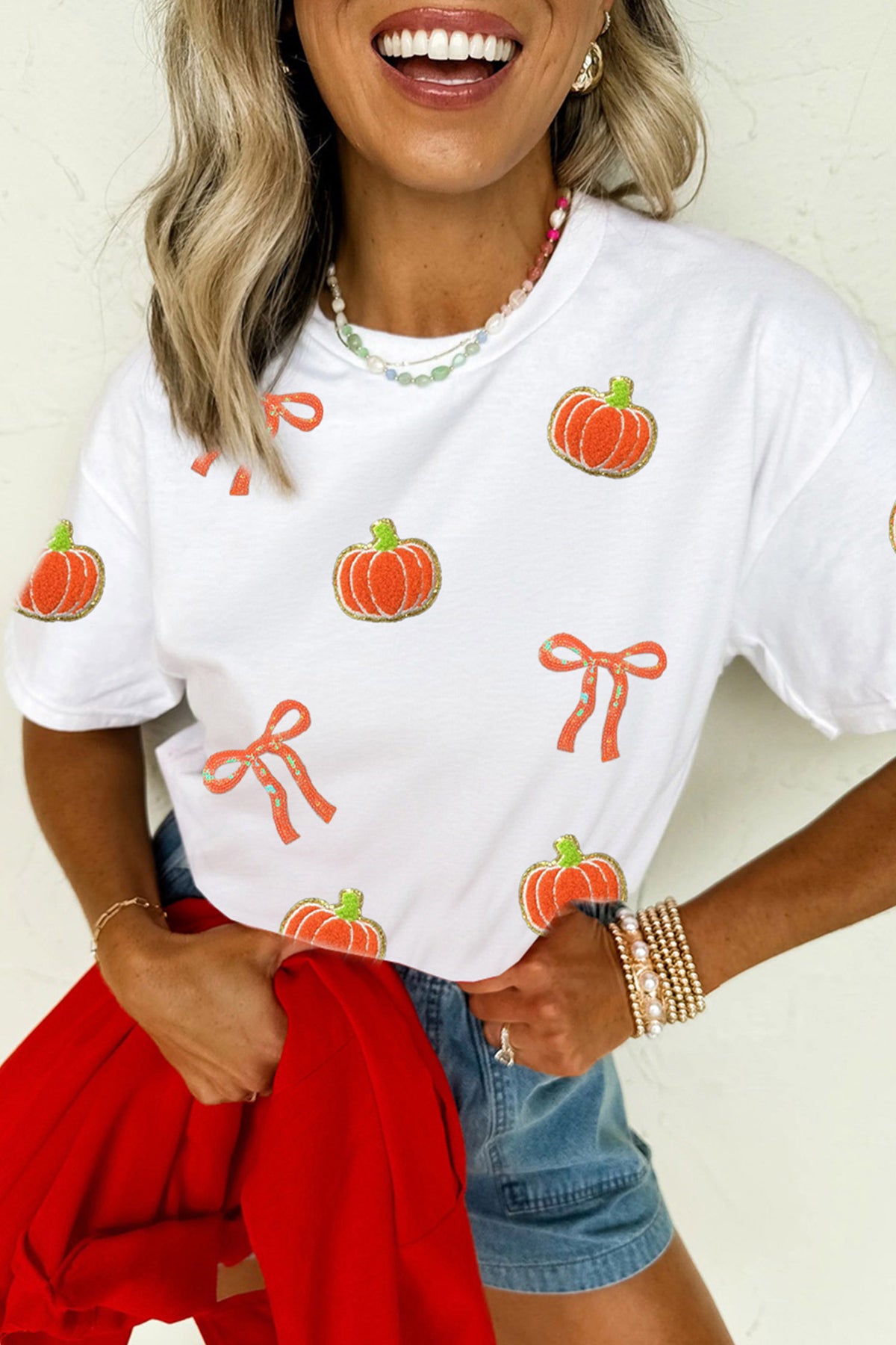 White Sequin Chenille Pumpkin Bow T-Shirt