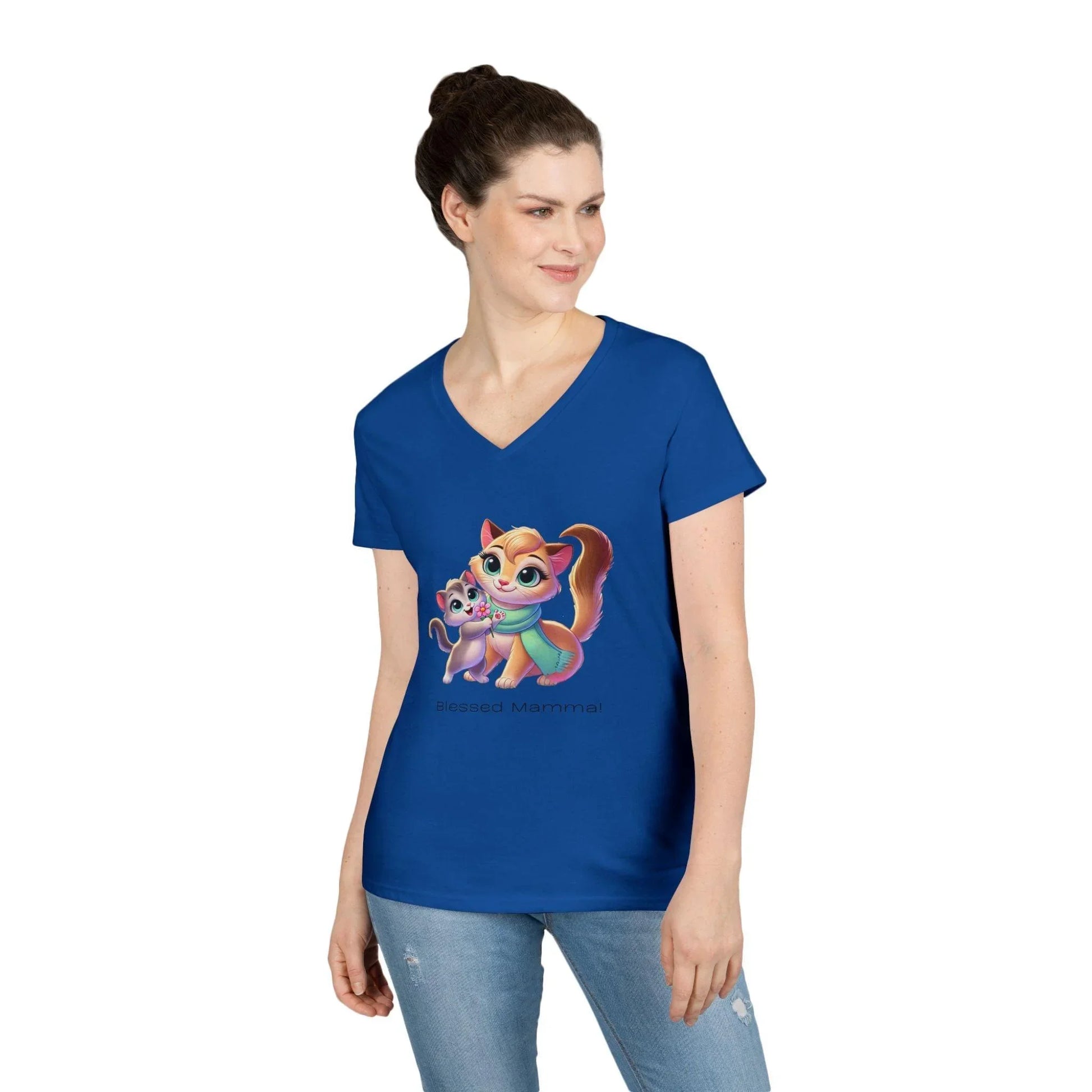 Blessed Mamma - Cat and Kitten 🐱💐 Ladies' V-Neck Tee 💖 - Whippie's