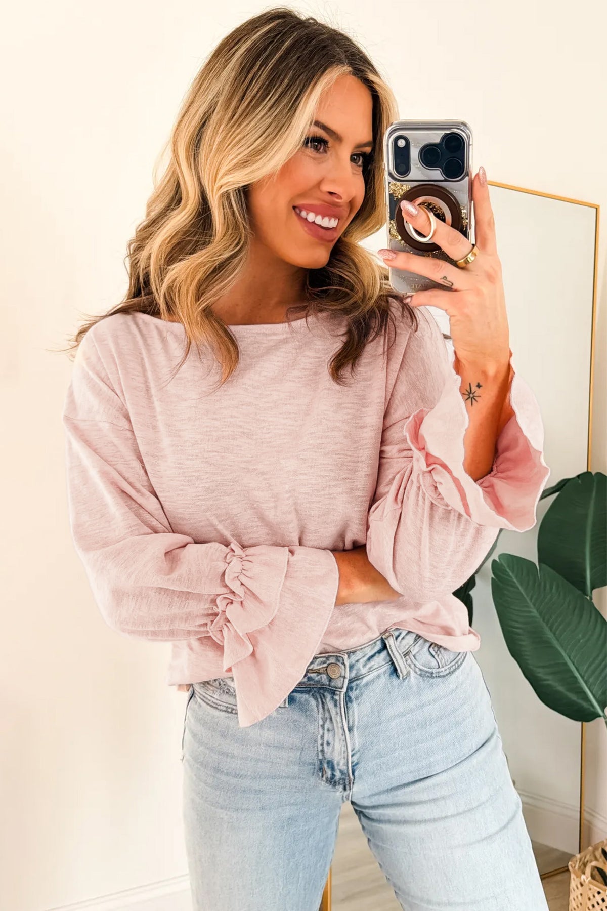 Gossamer Pink Long Sleeve Ruffle Cuff Top