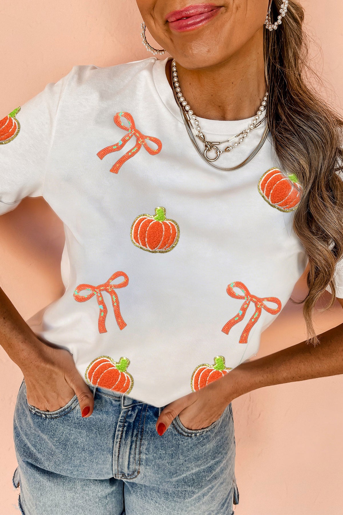 White Sequin Chenille Pumpkin Bow T-Shirt