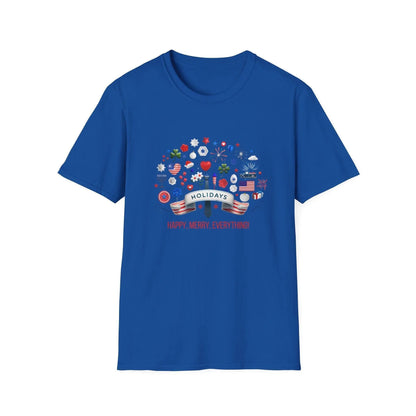 Merry Happy Everything 🎉 Unisex T-Shirt - Red, White & Blue Holiday Cheer! - Whippie's