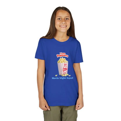 Girl wearing blue t-shirt with popcorn graphic and text I Love Popcorn Movie Night Squad