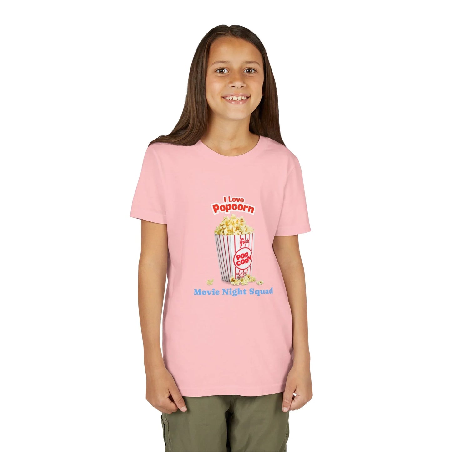 Girl wearing pink t-shirt with popcorn bucket graphic and text I Love Popcorn Movie Night Squad