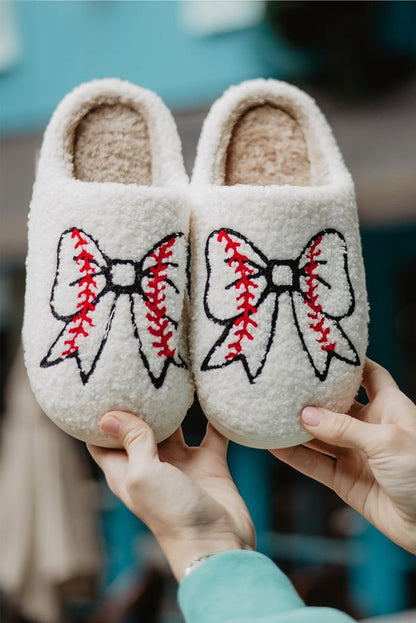 White Bow Knot Rugby Plush Warm Slippers