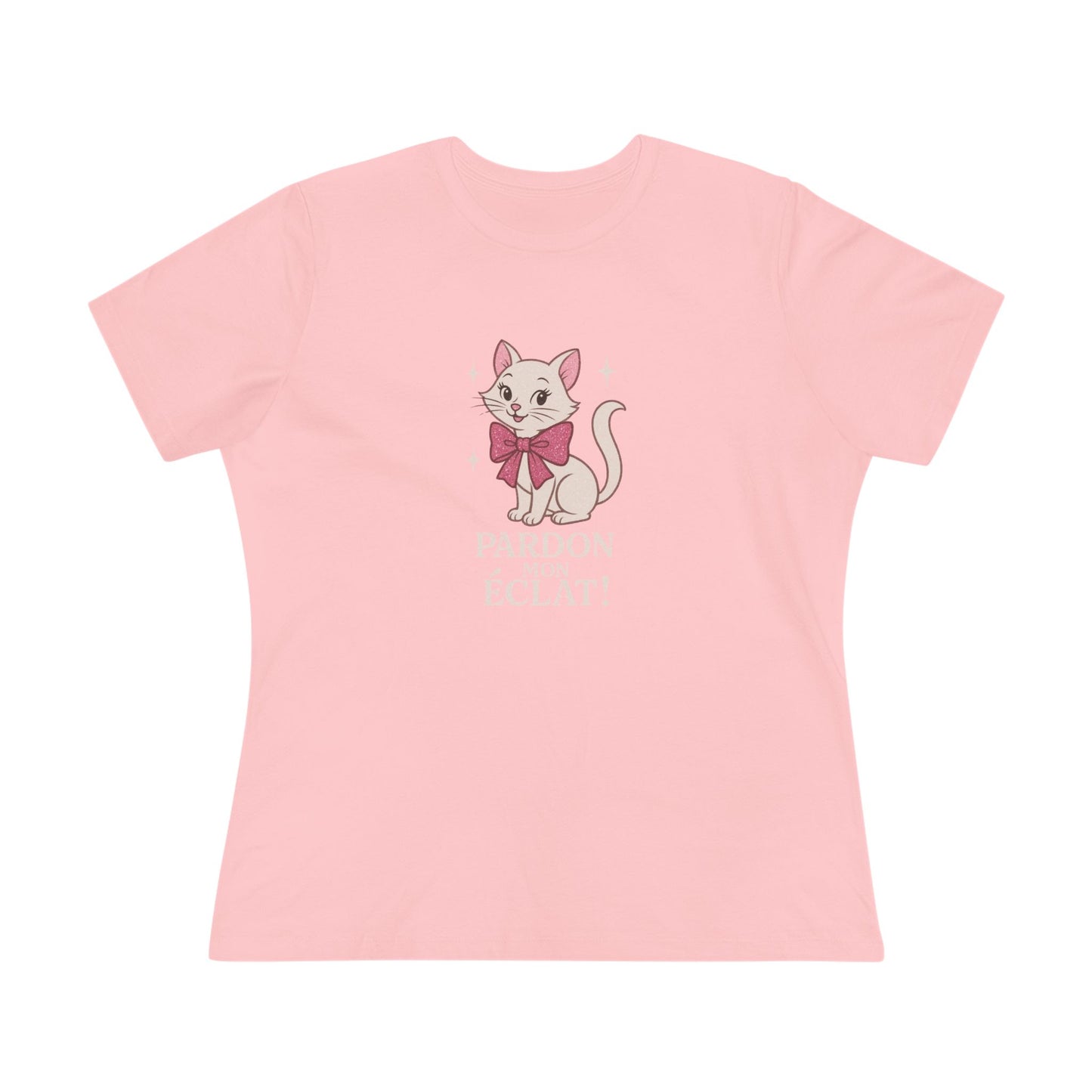 Pardon Mon Éclat White Sparkly Cat with Pink Bow Women's Tee