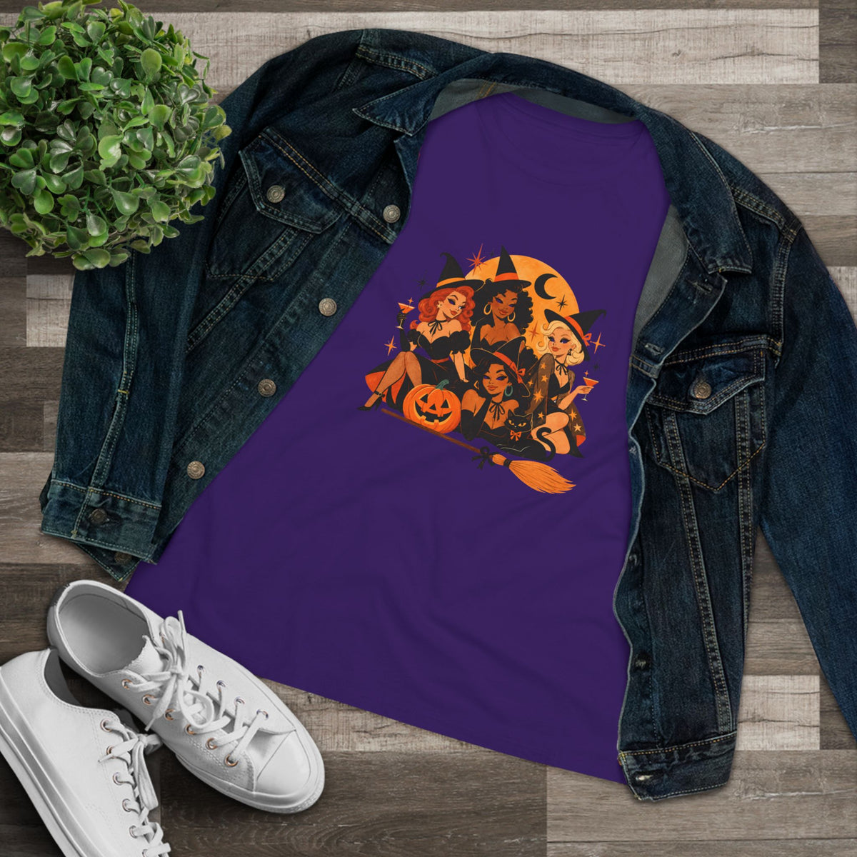 Purple four witches shirt styled with denim jacket and sneakers