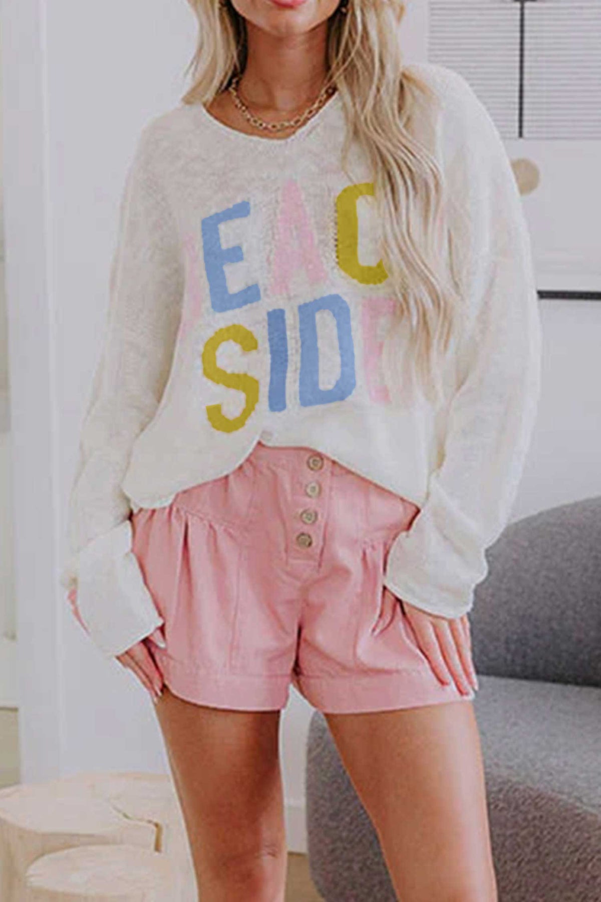 Beach Side V-Neck Sweater | White Lightweight Knit Tunic