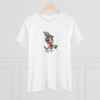 Kittie with Christmas Tree Hat and Card - Women's Softstyle Tee - Whippie's