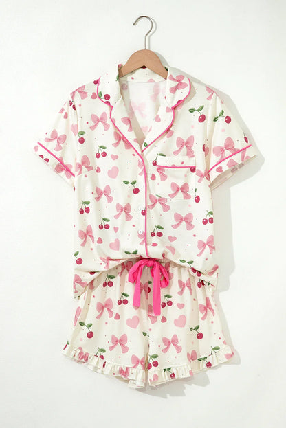 Contrast Piping Cute Pajamas | Cherries, Polka Dot, White Floral, Pink Floral