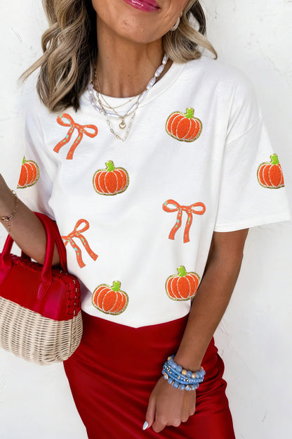 White Sequin Chenille Pumpkin Bow T-Shirt