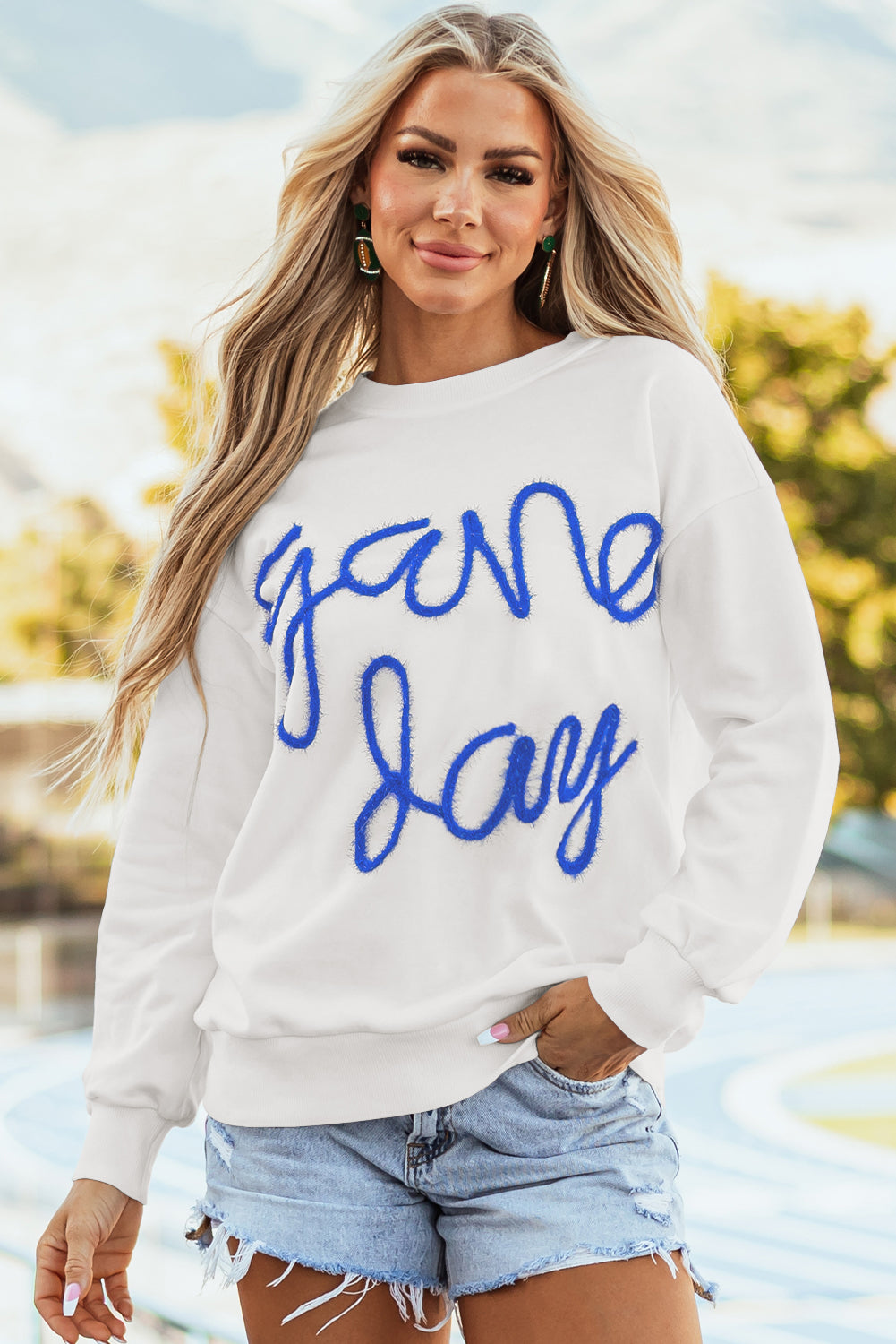 White Tinsel Game Day Drop Shoulder Sweatshirt