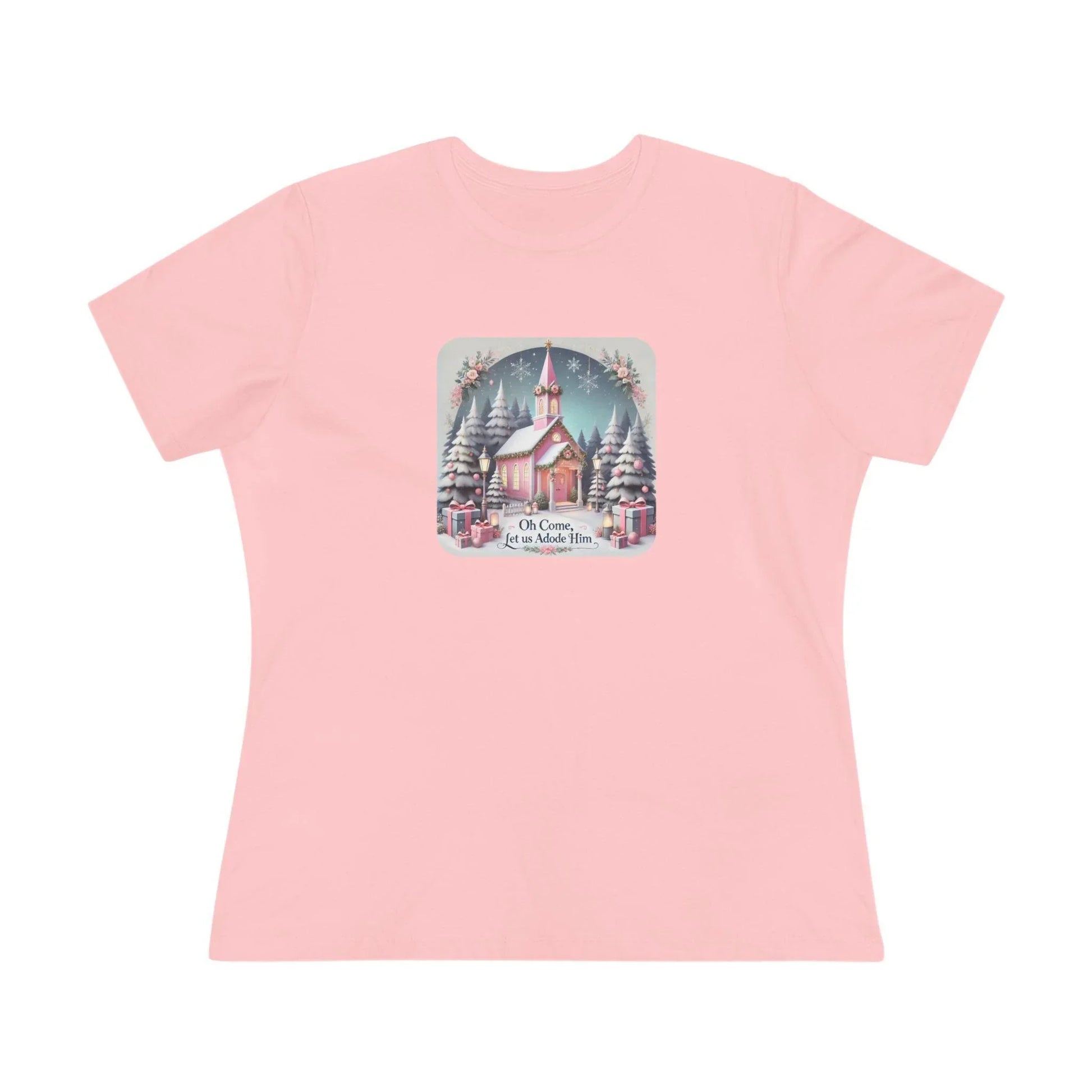 💖⛪ Pink Church - Oh Come, Let Us Adore Him ❄️🎁 - Women's Softstyle Tee - Whippie's