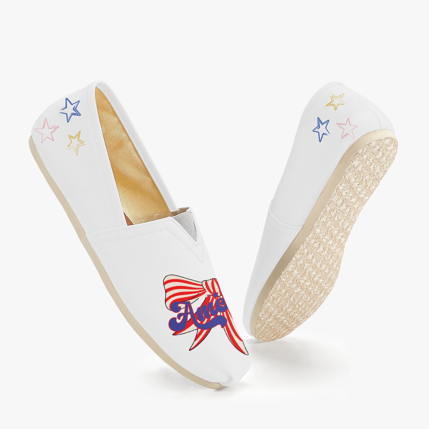 White shoes with red, white, and blue America text and red and white strip bow designs  - showing the front, sole,  and back of shoes