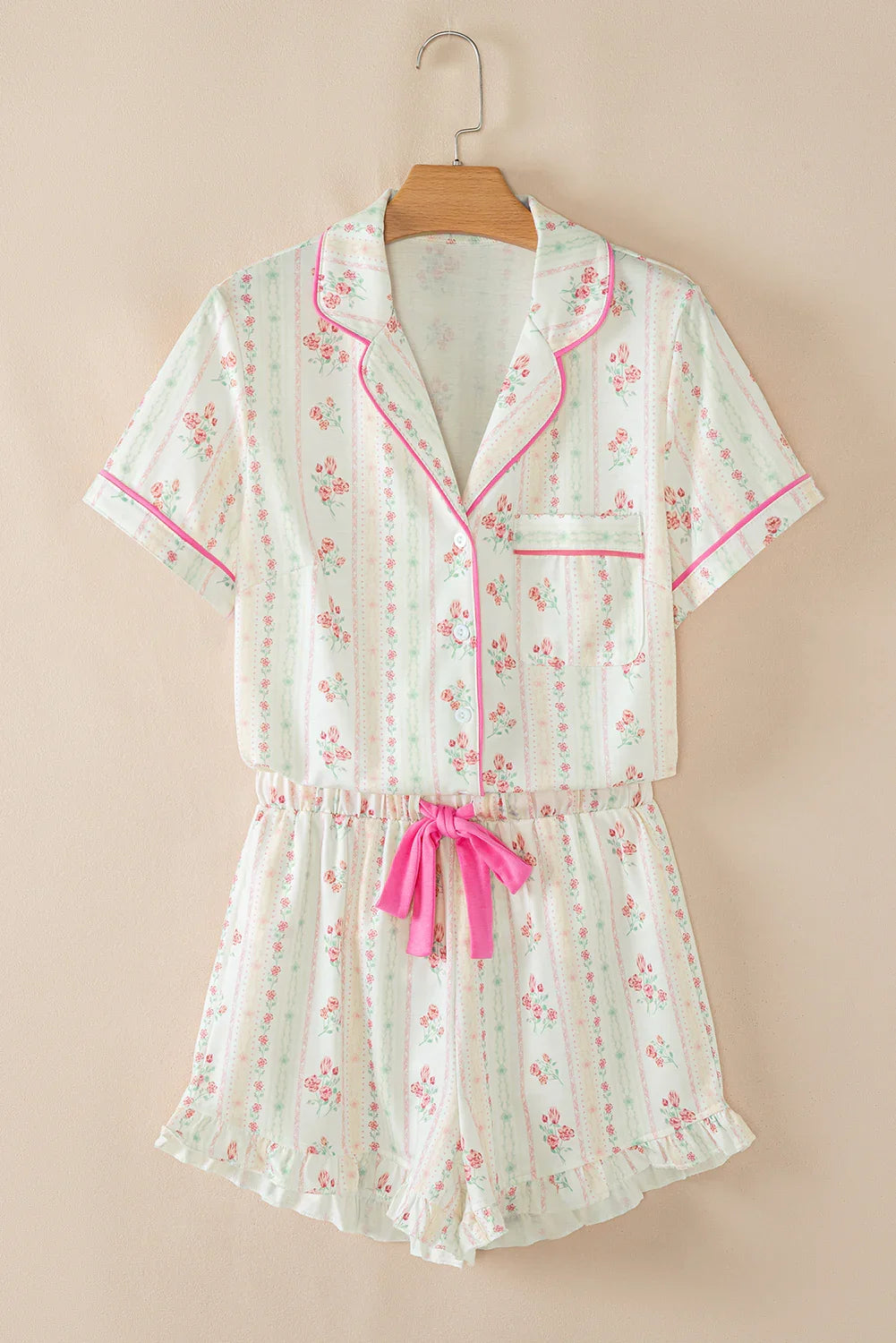 Contrast Piping Cute Pajamas | Cherries, Polka Dot, White Floral, Pink Floral