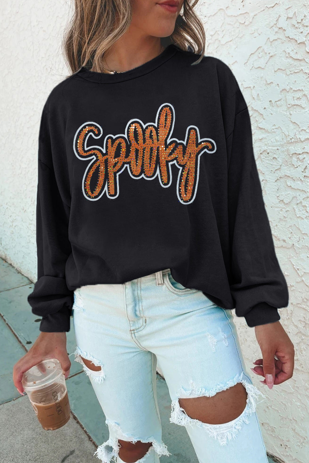Spooky Rhinestone Halloween Sweatshirt | Black Pullover