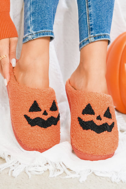Orange Halloween Pumpkin Face Plush Slippers