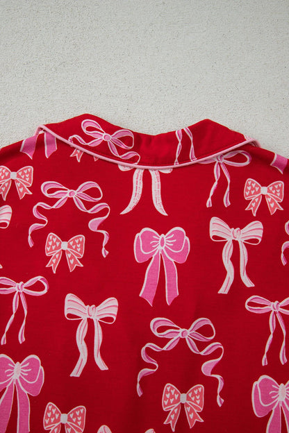 Red Sweet Bow Pajamas Ruffled Shirt Shorts Set