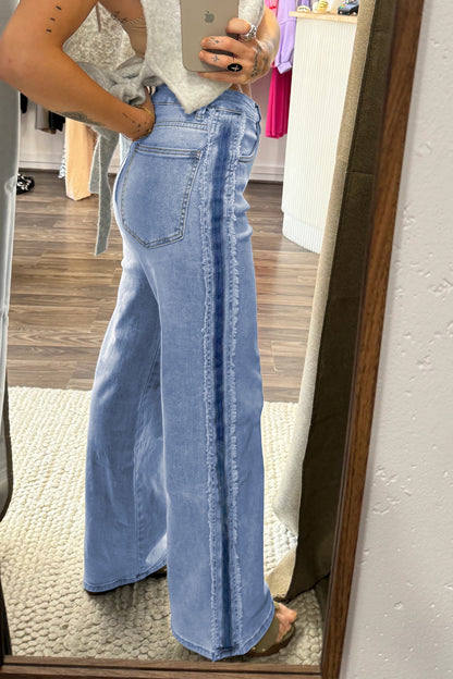 Beau Blue Contrast Stripe Frayed Side Panel Patchwork Jeans