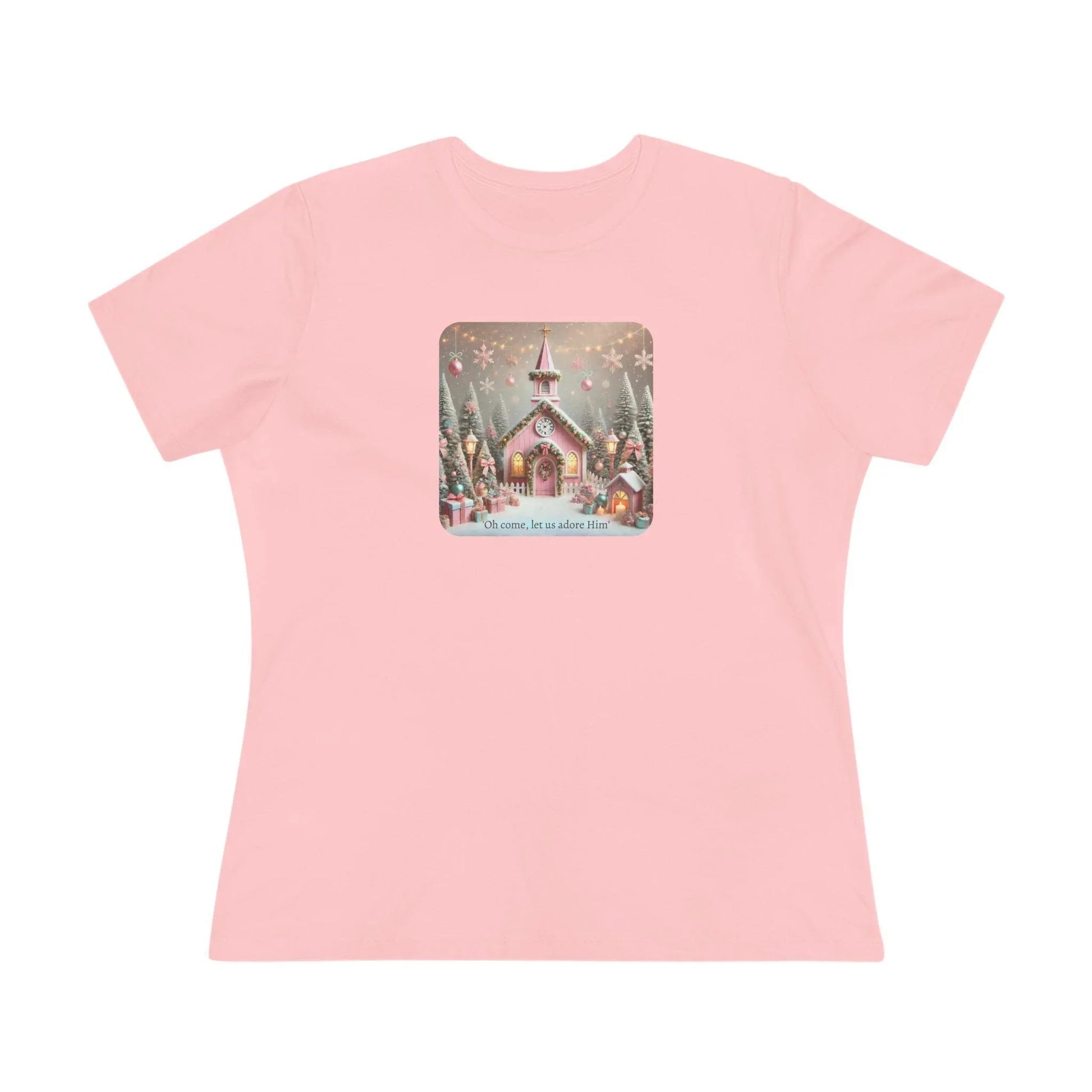 💖🏡 Pink Christmas Village - Oh Come, Let Us Adore Him ✨🎄 - Women's Softstyle Tee - Whippie's