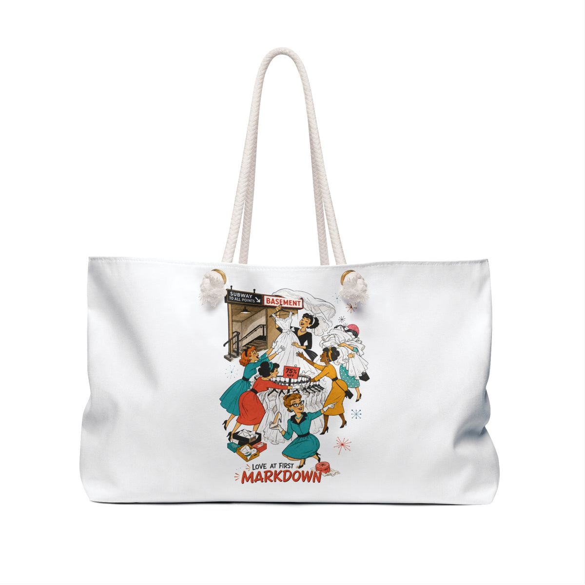 A white canvas tote bag with cream rope handles, featuring a colorful vintage-style illustration on the front with the text 'LOVE IS NOT ENOUGH TO HOLD THE MARKDOWN'.