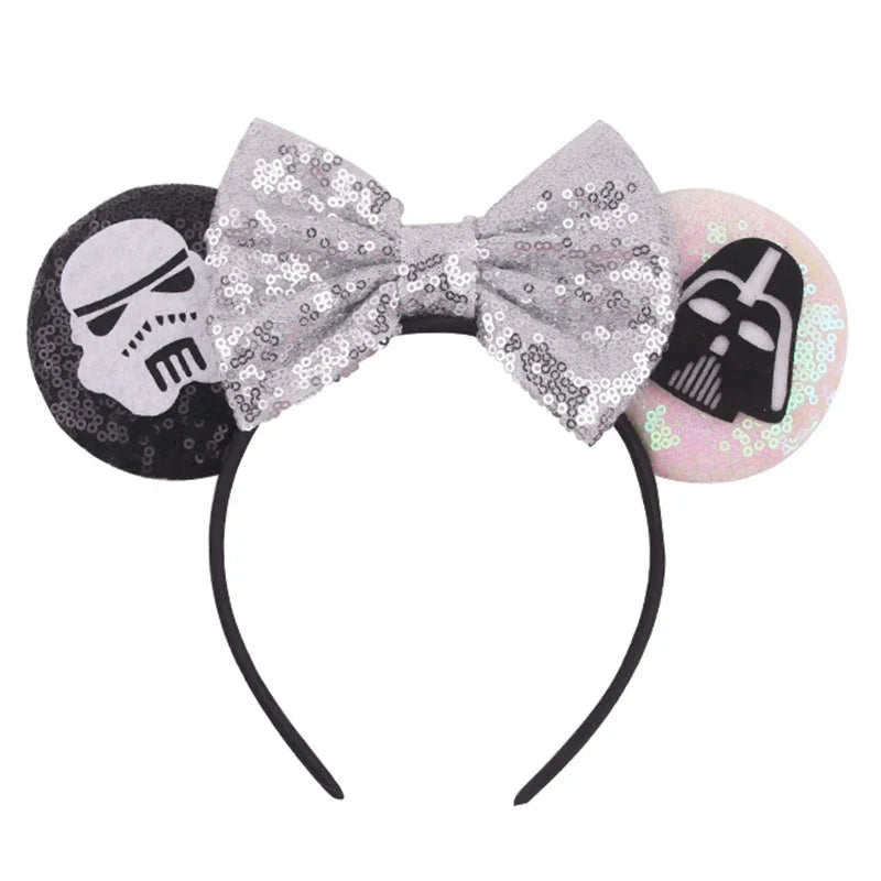 Black headband with silver sequin bow and Star Wars themed ears featuring Stormtrooper and Darth Vader